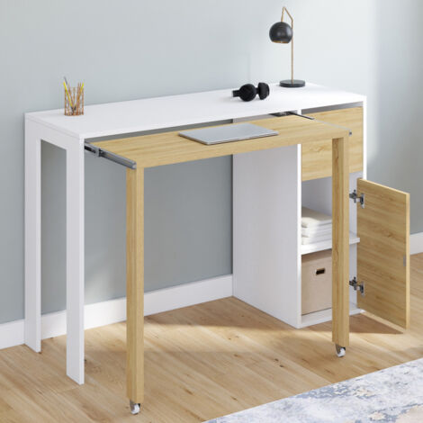 Escritorio extensible RON con columna de almacenamiento de cajones y armario blanco y de madera
