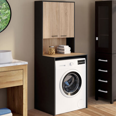 Mueble superior para lavadora WALLIS con armario negro y madera efecto haya