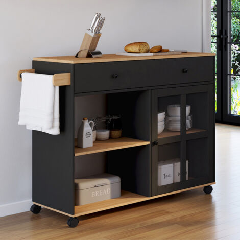 ACHILLE XXL aparador de cocina con estante y armario acristalado negro y madera L. 100 CM
