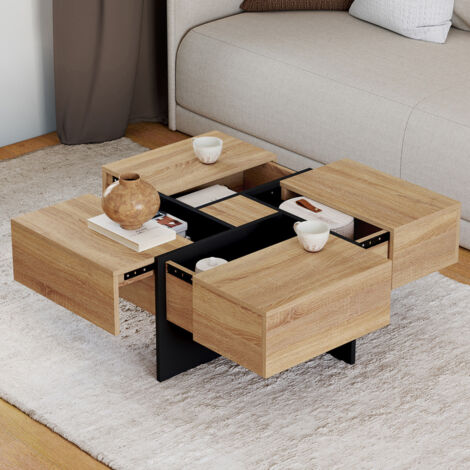 Mesa de centro cuadrada TALIA con cajones de madera y negros