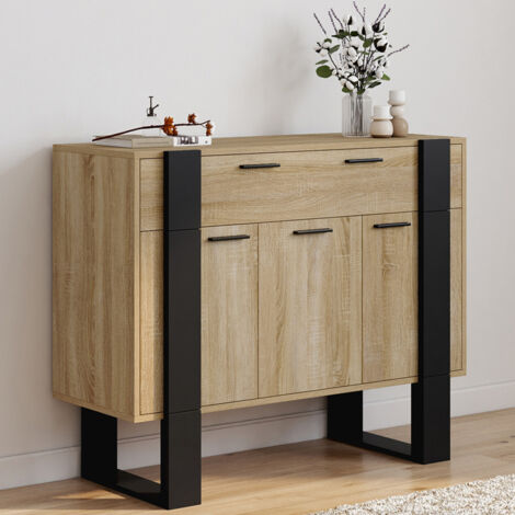 PHOENIX Aparador de 100 cm con 3 puertas y 1 cajón, madera y negro
