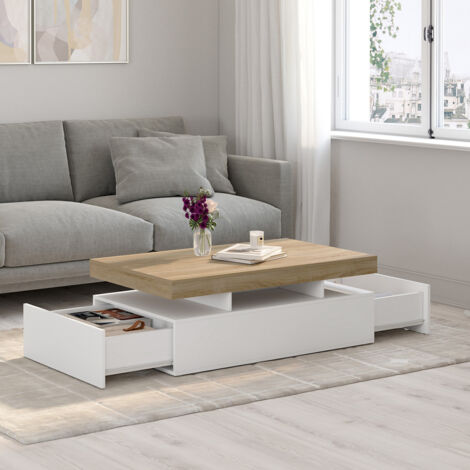 Mesa de centro rectangular ELSA de 2 cajones en madera blanca con tablero de aspecto haya
