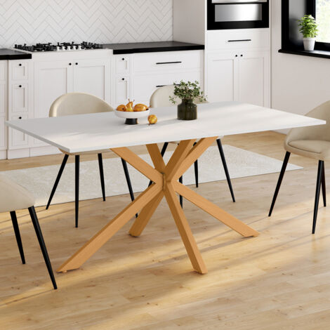 GISELE mesa de comedor rectangular para 8 con pata de araña de madera y tablero blanco 160 cm