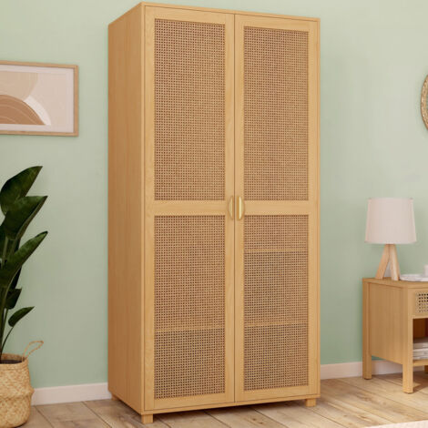 Armario de 2 puertas EDHEN mimbre y madera Armario de 80 cm con estantes de almacenamiento