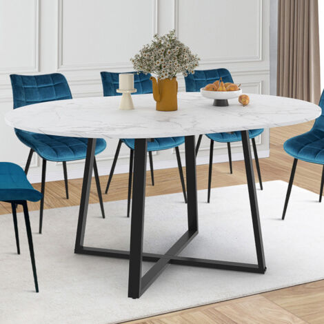Mesa de comedor redonda extensible SELMA 4-8 personas tablero de mármol blanco y negro ALASKA 110 - 150 cm