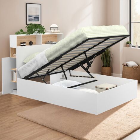 Cama de matrimonio CLYDE con cabecero y almacenaje 140 x 190 cm blanco y haya (1/5)
