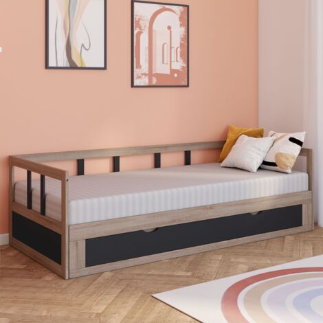 Sofá cama convertible ZOYA 90 x 190 cm 180 x 190 cm haya y negro con 1 cajón de almacenaje