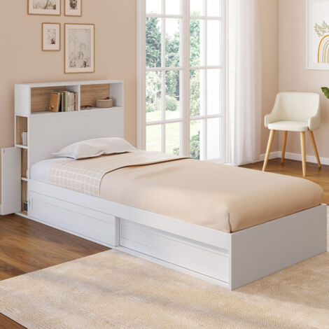 Cama individual CLEM con almacenaje, cabecero y somier de 90 x 190 cm blanco y haya