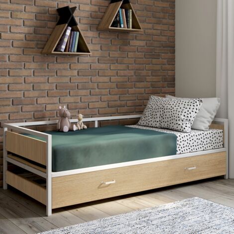 Banco cama 90 x 190 cm DETROIT convertible 180 x 190 cm haya y blanco estilo industrial
