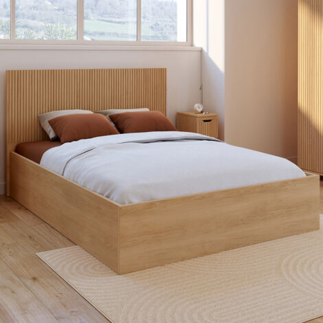 Cama de matrimonio JULIETTE con cabecero y somier de láminas efecto madera de 140 x 190 cm