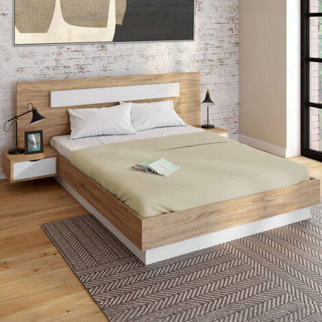 Cama doble SANTA con cabecero + mesillas integradas y somier de 160 x 200 cm de madera y listones blancos