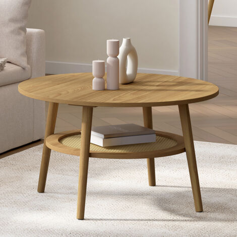 Mesa de centro redonda HANAE de 70 cm en madera de haya con tablero de caña efecto natural