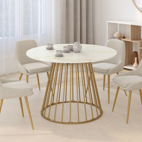 Mesa de comedor redonda YUNA para 6 personas con base de alambre de latón y tablero ALASKA 110 cm efecto mármol blanco (1/5)