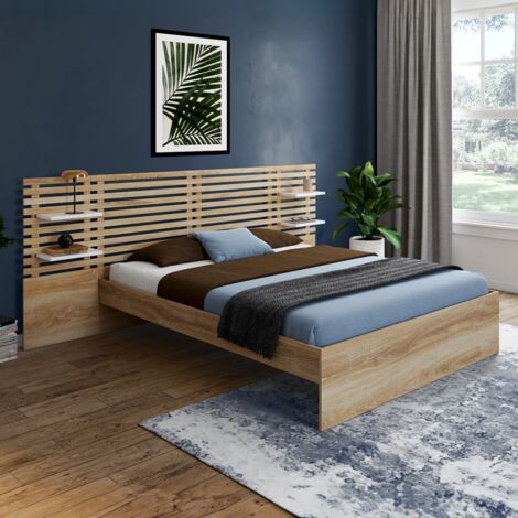 Cama doble AMALIA con cabecero, mesillas y somier 140 x 190 cm haya y blanco (1/5)