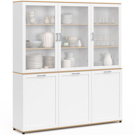Aparador 160cm con 4 puertas y 2 cajones blancos y encimera de madera