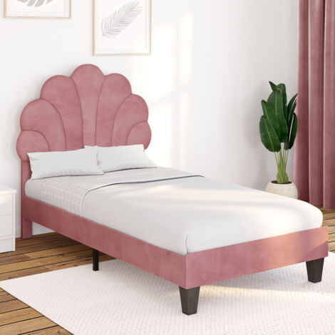 Cama individual AMANDA de 90 x 190 cm con somier de terciopelo rosa empolvado (1/5)