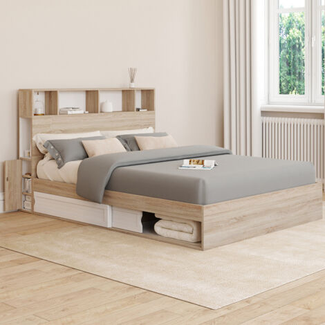 CLEM cama doble con espacio de almacenamiento + cabecero y somier 140 x 190 cm haya y blanco (1/5)