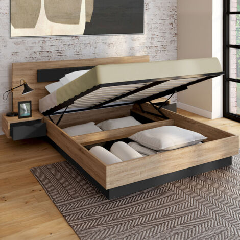 Cama box SANTA con mesillas de noche integradas y somier de madera y negro de 140x190cm