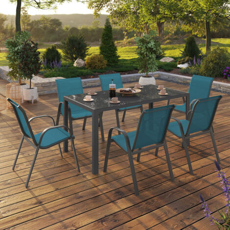 Conjunto de muebles de jardín MADRID mesa 150 CM y 6 sillas apilables azul pato