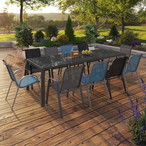 Conjunto de muebles de jardín MADRID mesa 240 CM y 10 sillas apilables mix color azul, gris y negro