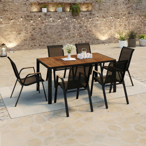 Conjunto de muebles de jardín NOUMEA - Mesa de 150 cm con tablero de cristal templado efecto madera y 6 sillas apilables de made