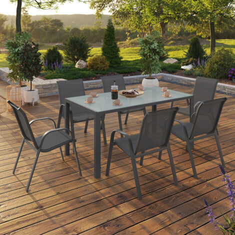 Conjunto de muebles de jardín MADRID mesa 150 cm y 6 sillas apilables gris antracita tablero claro