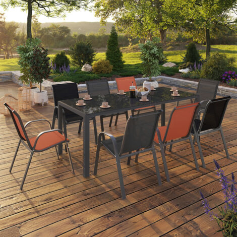 Conjunto de muebles de jardín MADRID mesa 190 cm y 8 sillas apilables mezcla de colores gris, negro y terracota