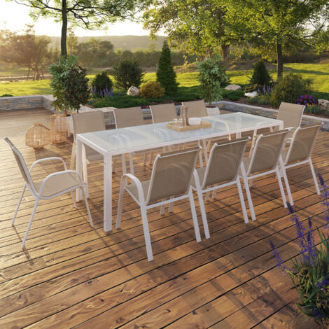 Conjunto de muebles de jardín MADRID mesa 240 CM y 10 sillas apilables blanco y beige