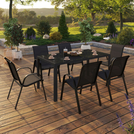 Conjunto de muebles de jardín MADRID mesa 150 CM y 6 sillas apilables negro