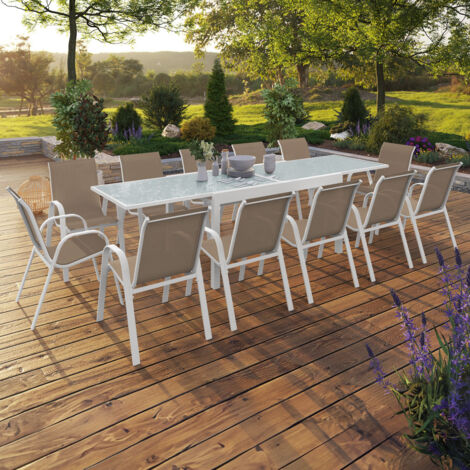 Conjunto de muebles de jardín MADRID mesa extensible 135-270 cm y 12 sillas apilables blanco y beige