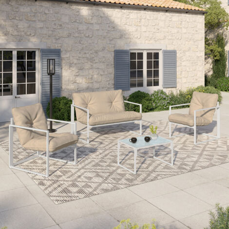 NAIROBI Conjunto de muebles bajos de jardín de 4 plazas de acero blanco con cojines beige