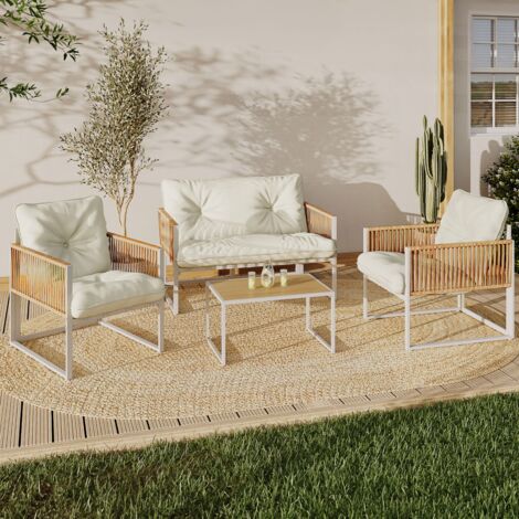 Conjunto de muebles de jardín RIO de 4 plazas con estructura de metal blanco, cuerdas de ratán claro y cojines beige