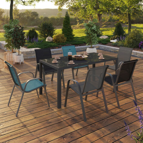 Conjunto de muebles de jardín MADRID mesa 150 CM y 6 sillas apilables mix color gris, negro y azul