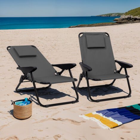 Lote de 2 sillas de playa plegables - mochila gris antracita y sillones de jardín reclinables de lona gris