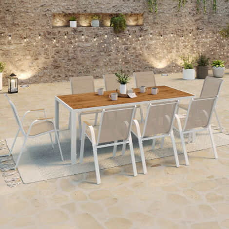 Conjunto de muebles de jardín NOUMEA Mesa de 190 cm con tablero de cristal templado efecto madera y 8 sillas apilables blancas y