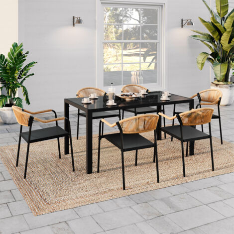 Conjunto de muebles de jardín MADEIRA mesa 150 cm y 6 sillas cordaje negro y textilene y rattan claro