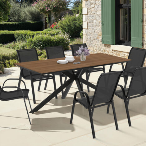 Conjunto de muebles de jardín MESSINA Mesa de 190 cm con patas de araña efecto madera y 8 sillas apilables negras