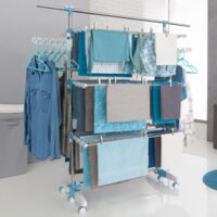 OPTIMUM 30M de capacidad Secador de ropa vertical plegable de 3 niveles con barra telescópica, perchas y pinzas, blanco y azul
