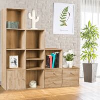 LIAM Mueble de escalera de 4 niveles en madera efecto haya con puerta y cajones