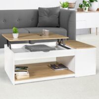 Mesa de centro elevable ELEA con caja de madera blanca y acabado en haya