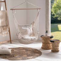 Sillón colgante bohemio con 2 cojines de diseño macramé en color crudo