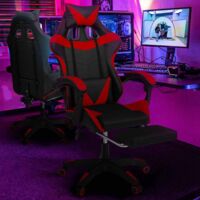 Silla de juego ALEX ajustable con reposapiés, reposacabezas y cojín lumbar en negro y rojo