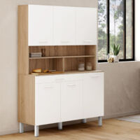 CINA 120 CM aparador de cocina con 6 puertas + cajón, acabado haya y blanco