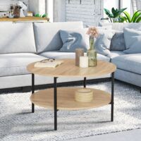 DETROIT Mesa de centro redonda de 70 cm y doble tablero de diseño industrial