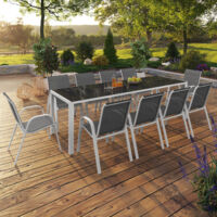 Conjunto de muebles de jardín MADRID mesa 240 CM y 10 sillas apilables blanco y gris