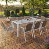 MADRID conjunto de muebles de jardín 190cm mesa y 8 sillas apilables blanco y beige