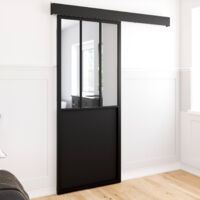 Puerta corredera H. 204 x A. 83 cm, techo de cristal industrial negro y cristal templado, riel completo, tapa y kit de fijación