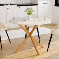 GISELE mesa de comedor redonda para 6 personas, pata de araña de madera, tablero blanco 110 cm