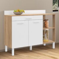 CINA 120 CM aparador de cocina bajo con encimera H.83 cm, 2 puertas + cajón, acabado haya y blanco