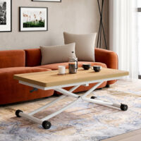 Mesa de centro URBANA, convertible en mesa de comedor, con tablero de madera de haya y base blanca